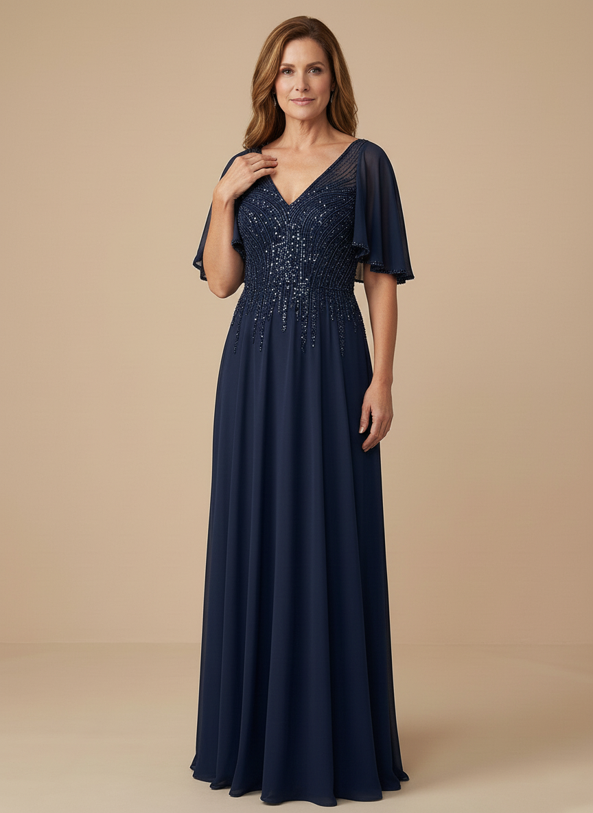 Flare Sleeves Sparky Sequins A-Line Chiffon Mother of the Brides Dresses - View 7 | FashionDia