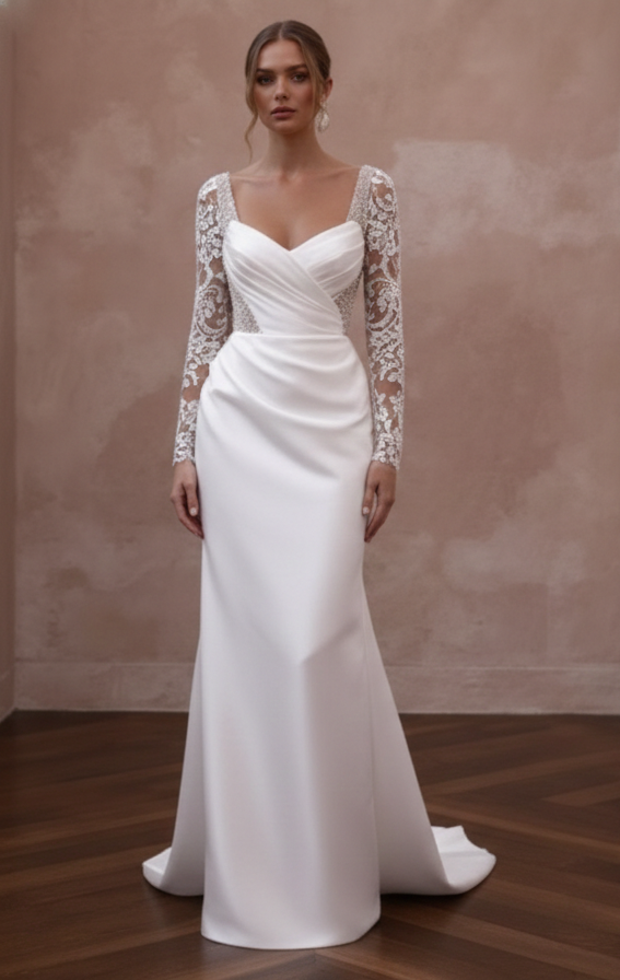 Geometric Lace Wedding Dress Modern Long Boho Style Gown