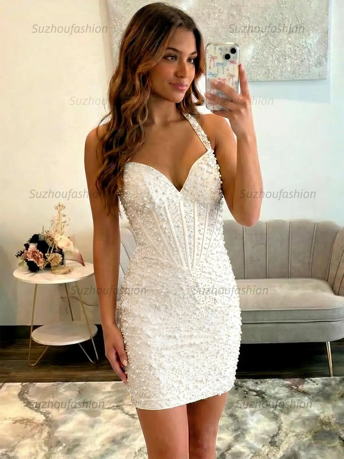 Suzhoufashion Glamorous Champagne Pearl Beaded Corset Short Homecoming Dress