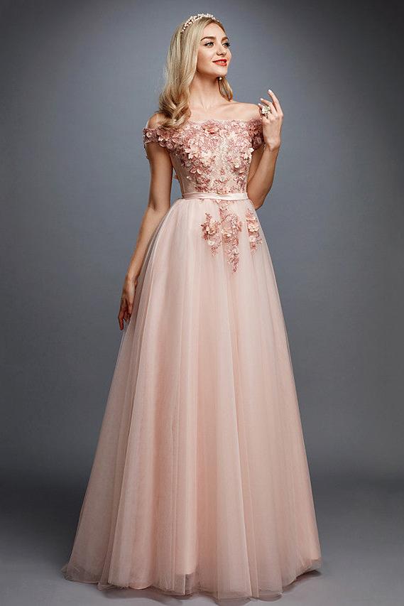 Glamorous Sleeveless Appliques Tulle A-Line Prom Dresses