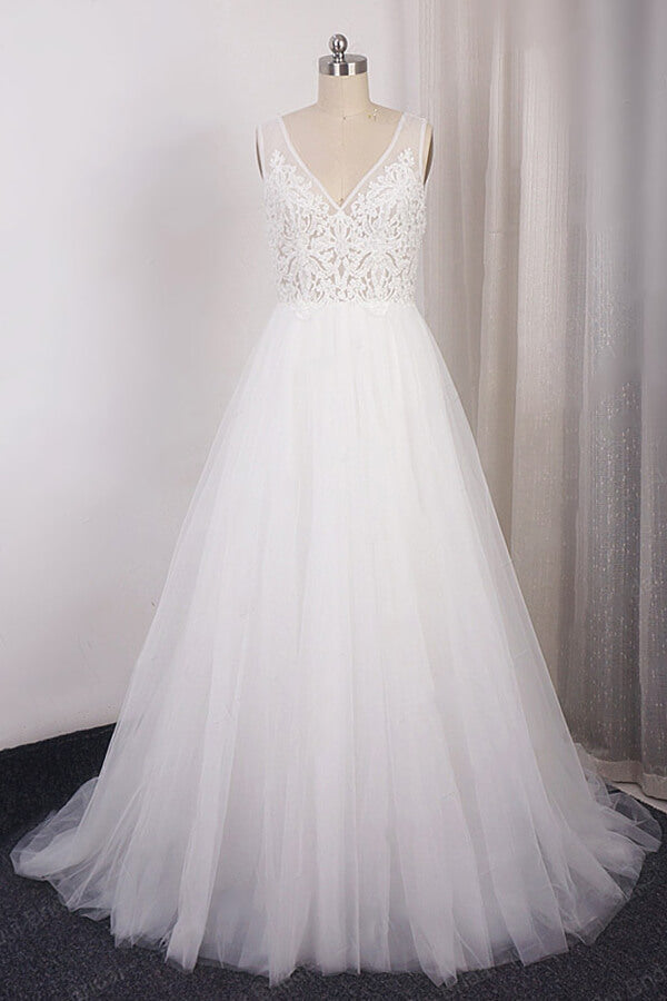 Glamorous V-neck Straps Sleeveless Wedding Dress | Appliques Tulle A-line Bridal Gowns