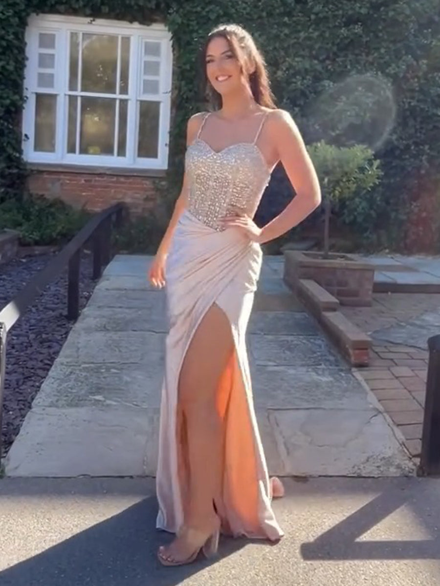 Glamorous Champagne Beaded Bodice Satin Prom Dress with High Slit