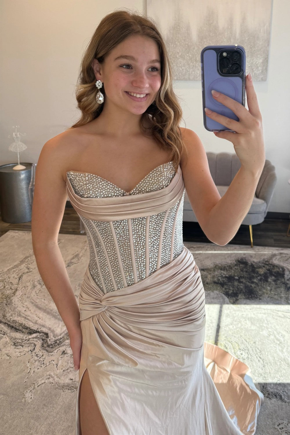 Sparkly Mermaid Sweetheart Champagne Corset Prom Dress with Beading