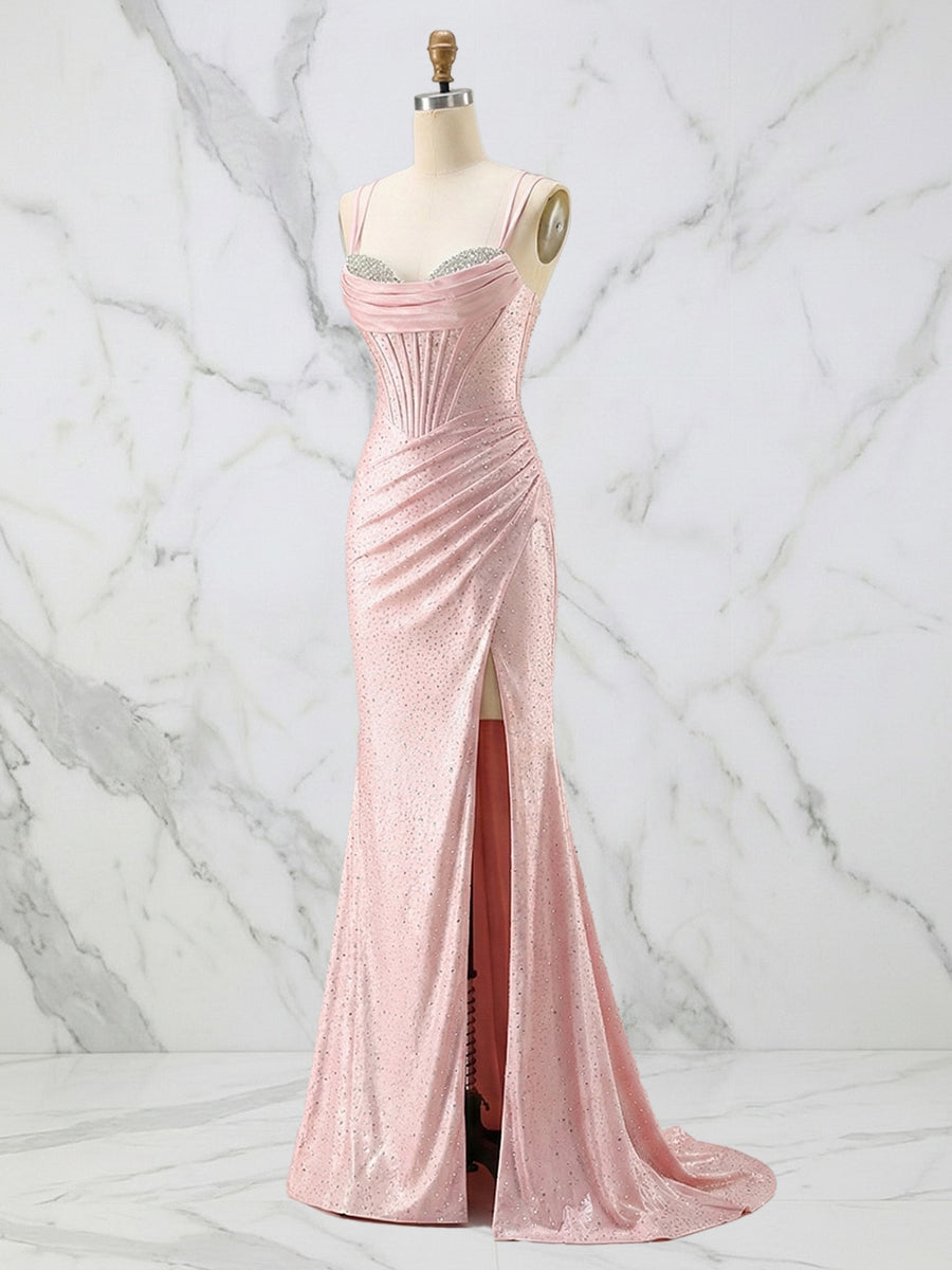 Glamorous Pink Shimmer Satin Corset Prom Dress with Crystal Bust