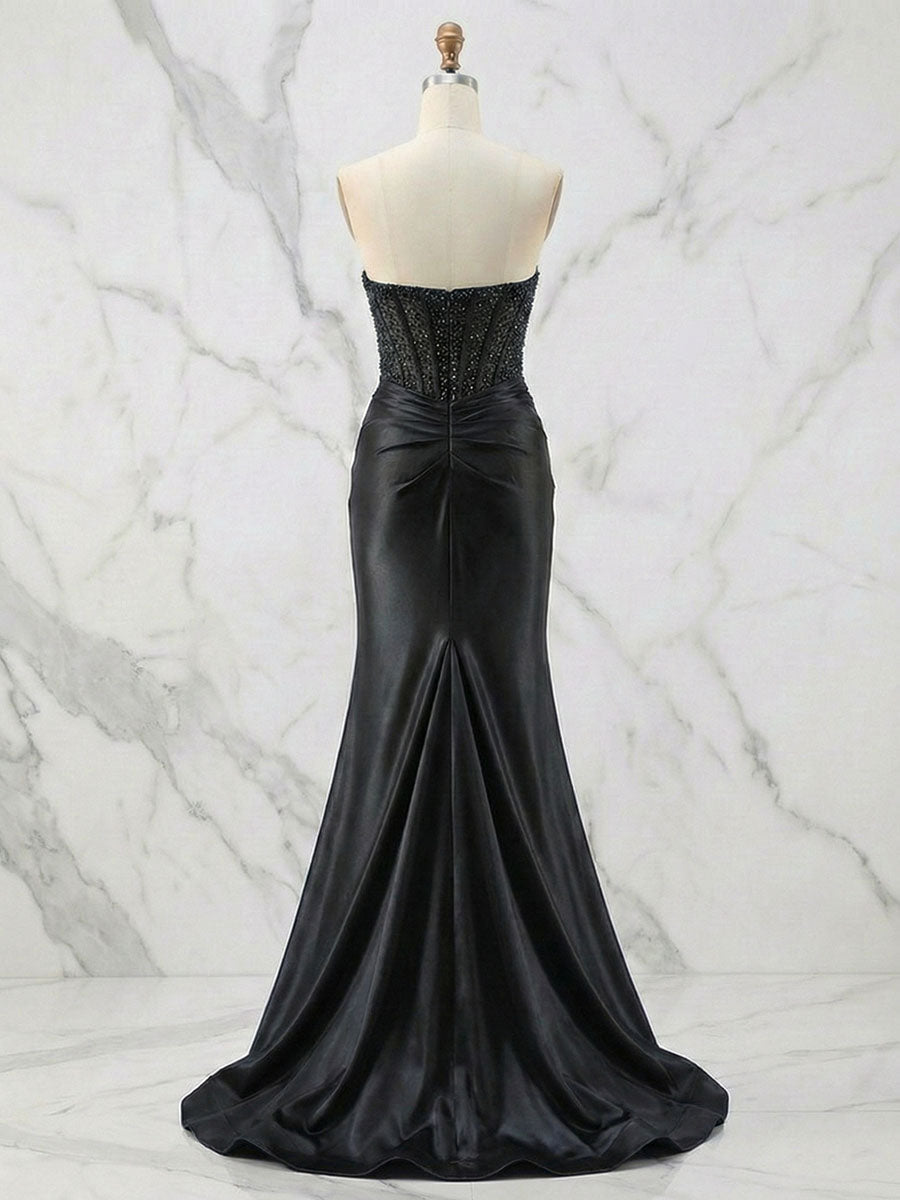 Glamorous Champagne Strapless Crystal Corset Satin Prom Dress with High Slit