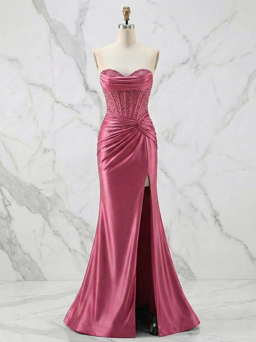 Glamorous Champagne Strapless Crystal Corset Satin Prom Dress with High Slit