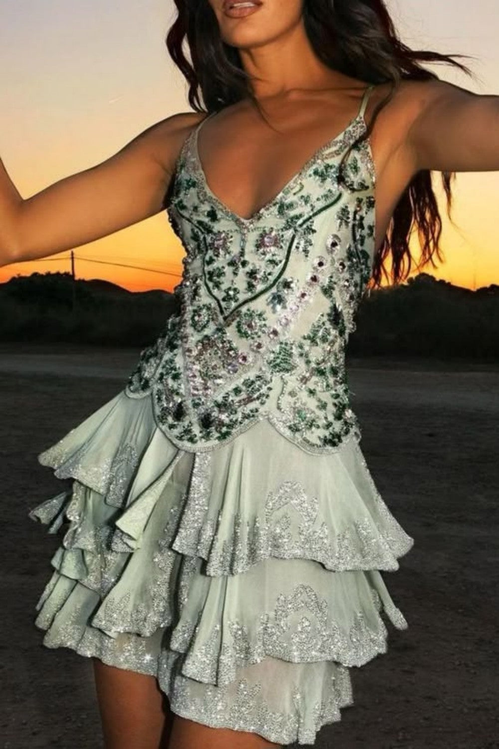 Glamorous Green Embellished Homecoming Dress with Deep V Neck and Layered Skirt Detail
