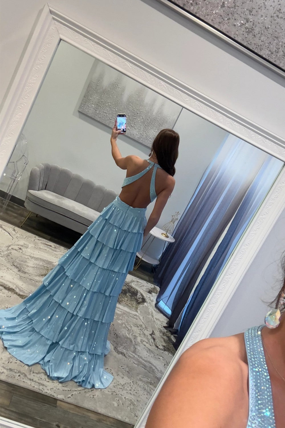 Sparkly A Line Halter Neck Long Tiered Dark Green Beaded Prom Dress with High Slit