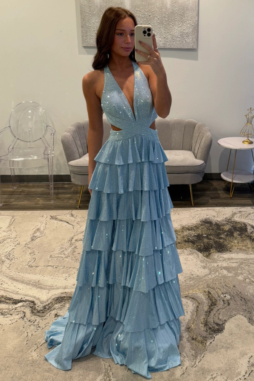 Luxurious Sparkly Mermaid Halter Long Tiered Beaded Prom Dress with High Slit