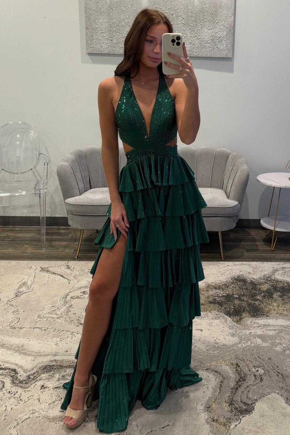 Luxurious Sparkly Mermaid Halter Long Tiered Beaded Prom Dress with High Slit