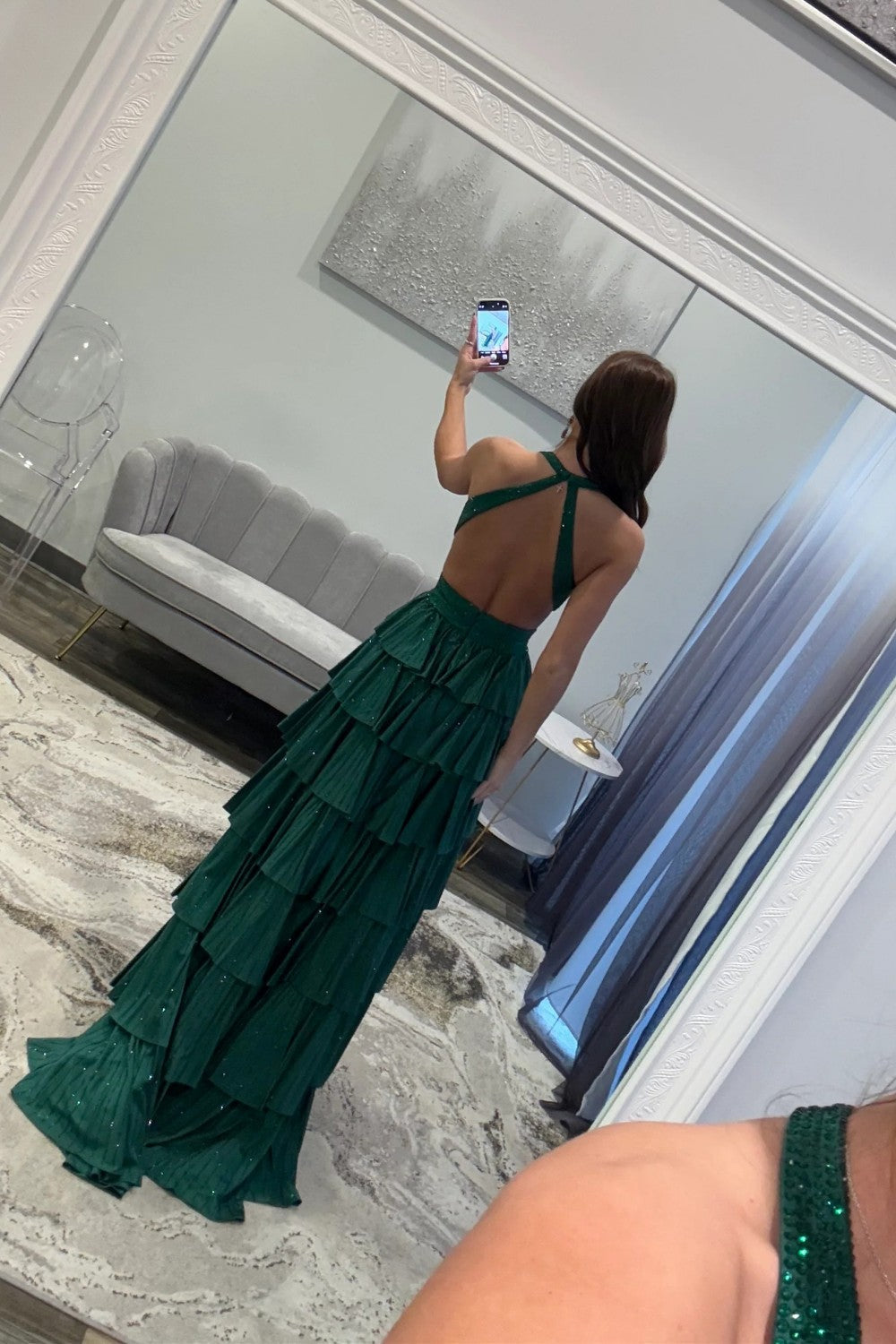 Luxurious Sparkly Mermaid Halter Long Tiered Beaded Prom Dress with High Slit