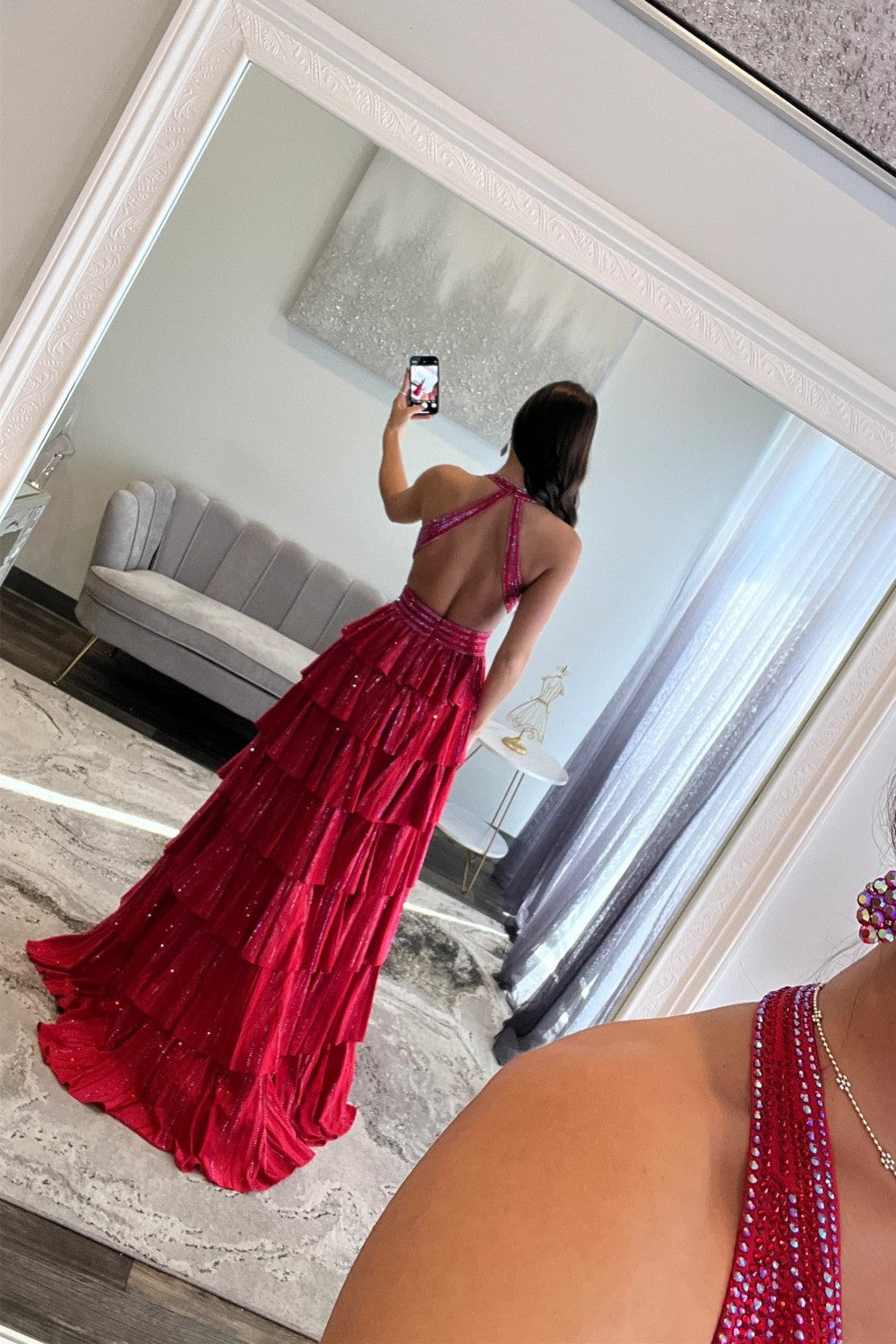 Luxurious Sparkly Mermaid Halter Long Tiered Beaded Prom Dress with High Slit