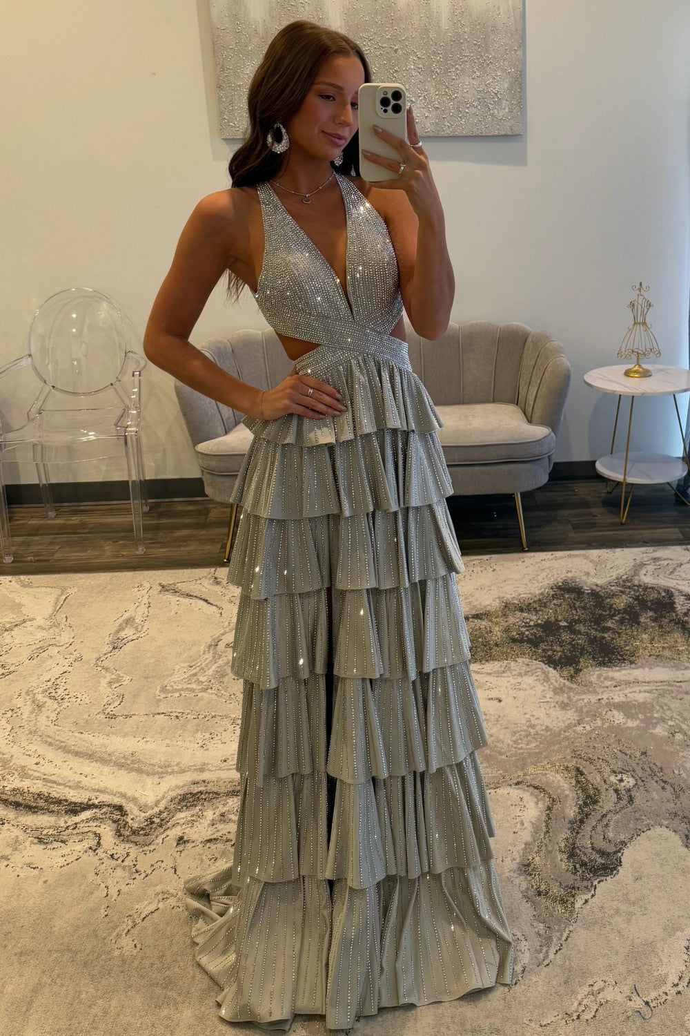 Luxurious Sparkly Mermaid Halter Long Tiered Beaded Prom Dress with High Slit