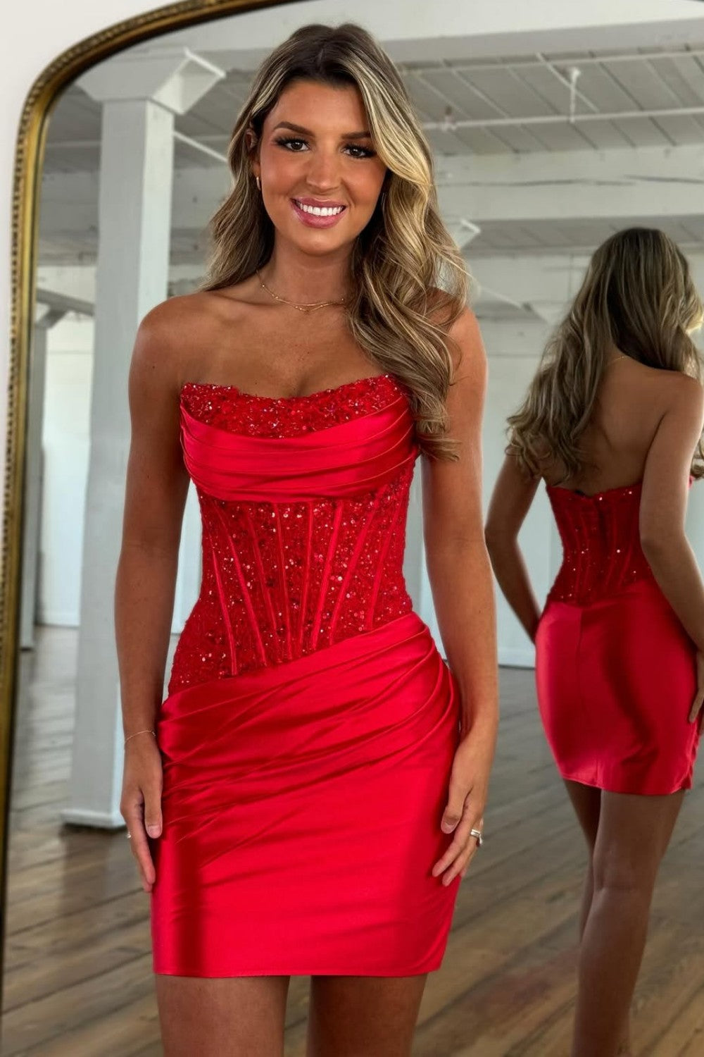 Glamorous Strapless Champagne Homecoming Dress with Beaded Corset and Draped Skirt