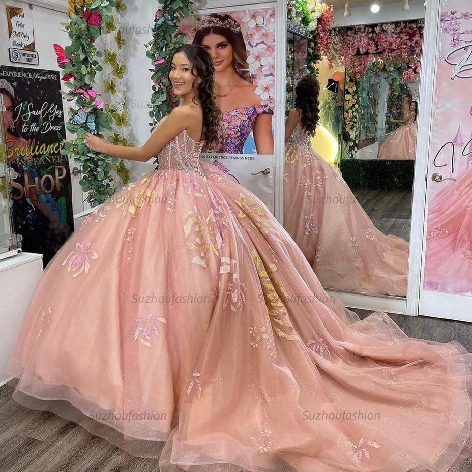 Glitter Ball Gown Sweetheart Neck Appliques Beaded Pink Tulle Princess Quinceanera Dress Birthday Party Gown For Sweet 16