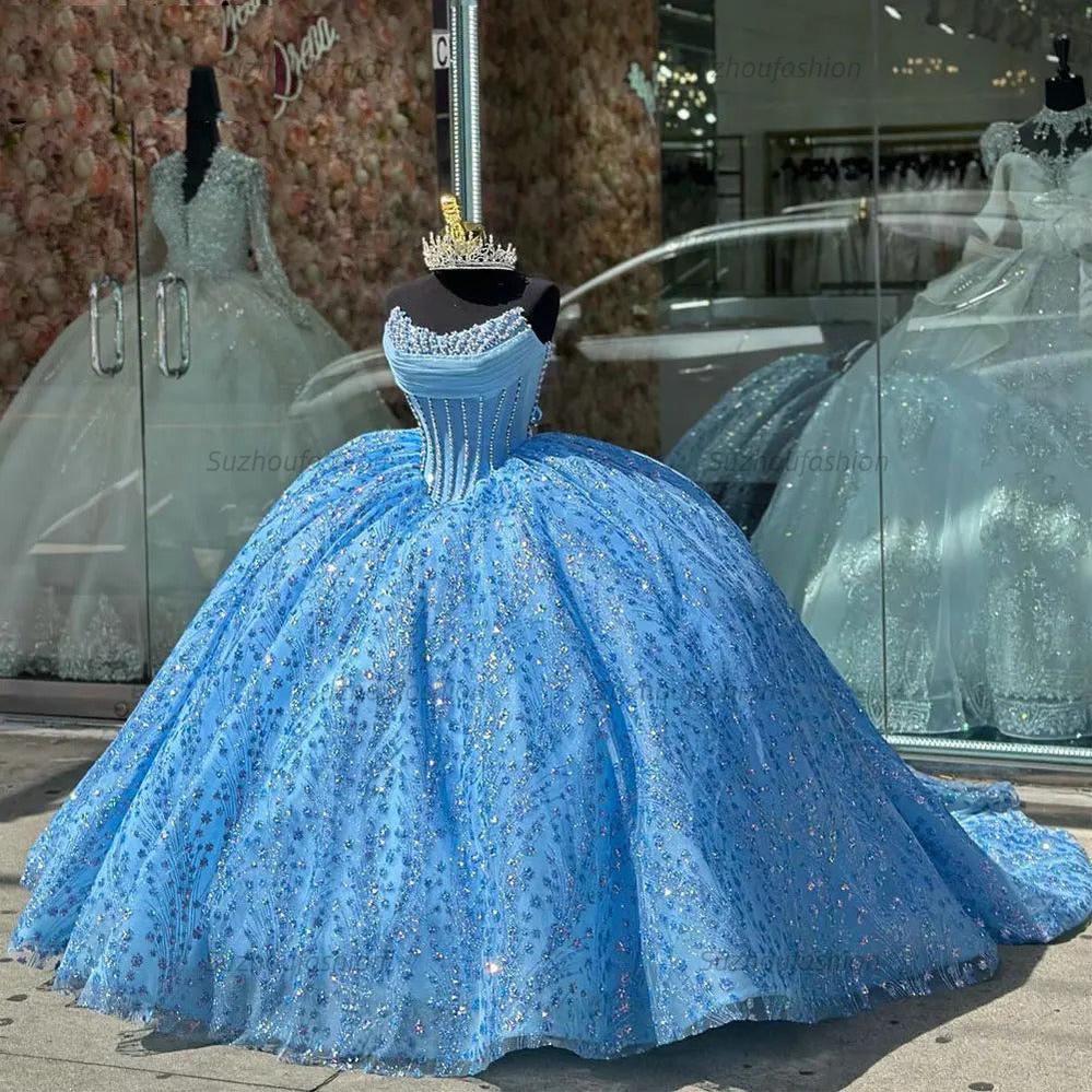 Glitter & Glamorous Ball Gown Strapless Fully Beaded Sequins Sky Blue Tulle Quinceanera Dress Princess Birthday Party Gown For Sweet 16