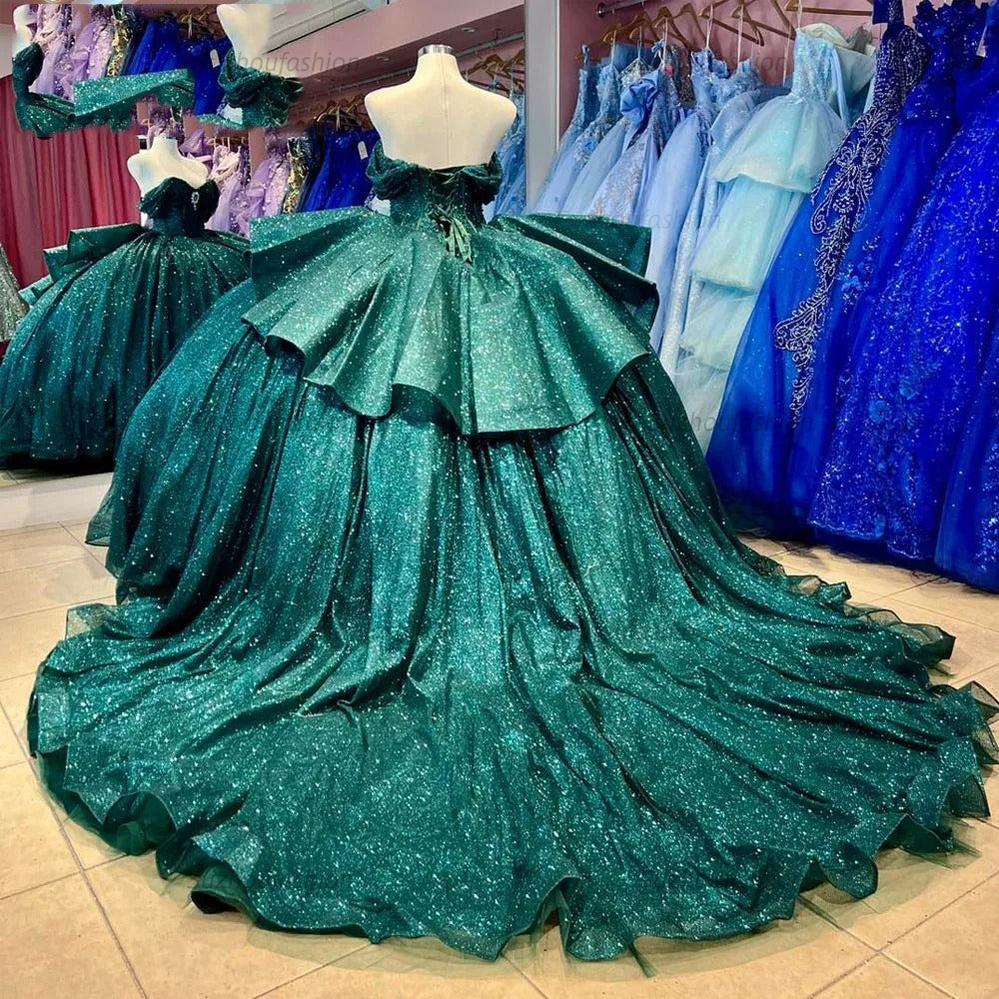 Glitter & Sparkly Ball Gown Off Shoulder Tiered Ruffles Emerald Green Tulle Quinceanera Dress Princess Party Gown For Sweet 16