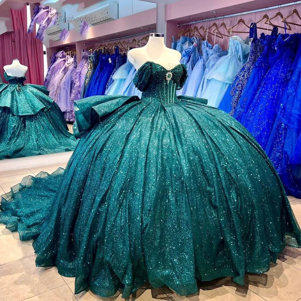 Glitter & Sparkly Ball Gown Off Shoulder Tiered Ruffles Emerald Green Tulle Quinceanera Dress Princess Party Gown For Sweet 16