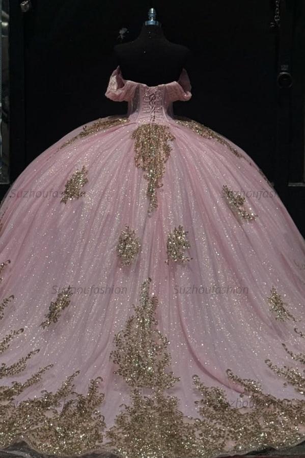 Glitter & Sparkly Ball Gown Sweetheart Neck Off Shoulder Beaded Gold Sequins Appliques Lace Up Pink Tulle Quinceanera Dress Birthday Party Gown For Sweet 16