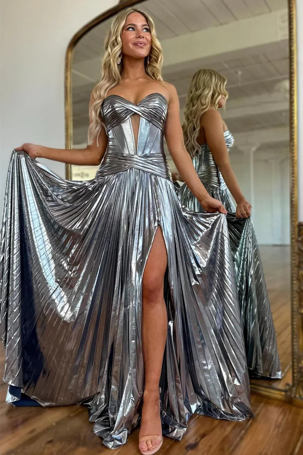 A-Line Peacock Blue Sweetheart Long Metallic A-Line Prom Dress With Leg Slit