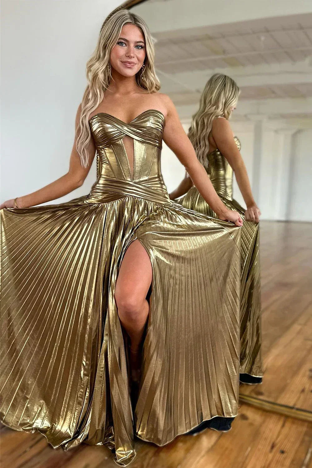 A-Line Peacock Blue Sweetheart Long Metallic A-Line Prom Dress With Leg Slit