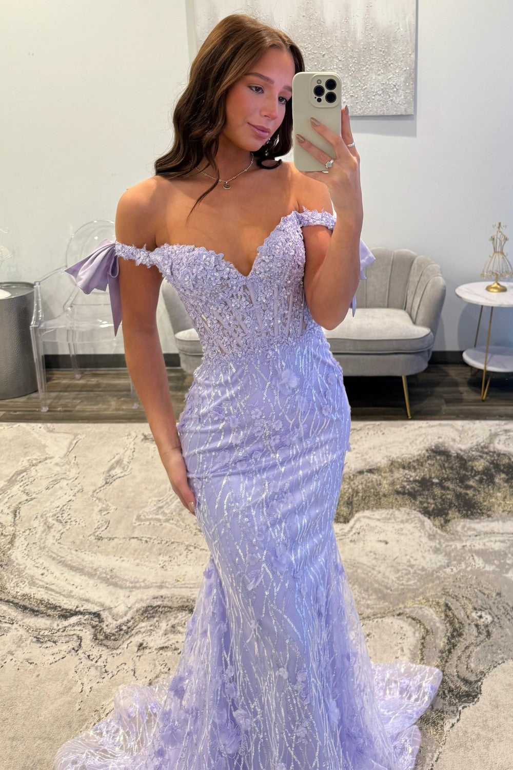 Charming Mermaid Off the Shoulder Lavender Long Prom Dress with Sequined Lace