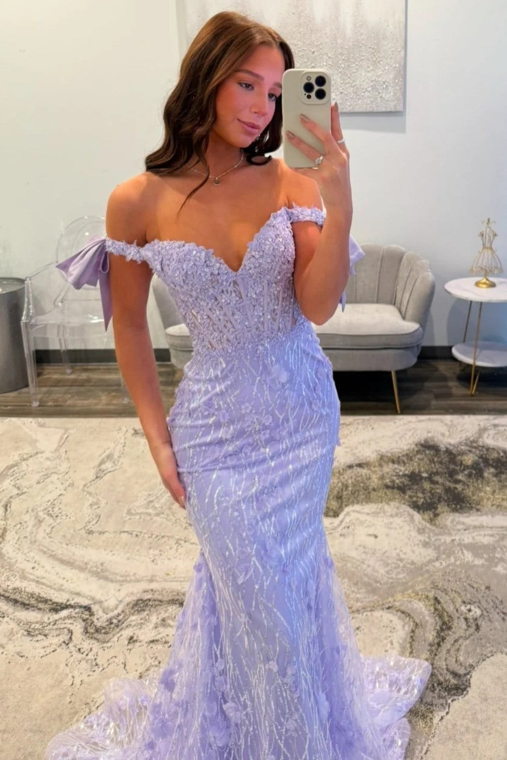 Charming Mermaid Off the Shoulder Lavender Long Prom Dress with Sequined Lace