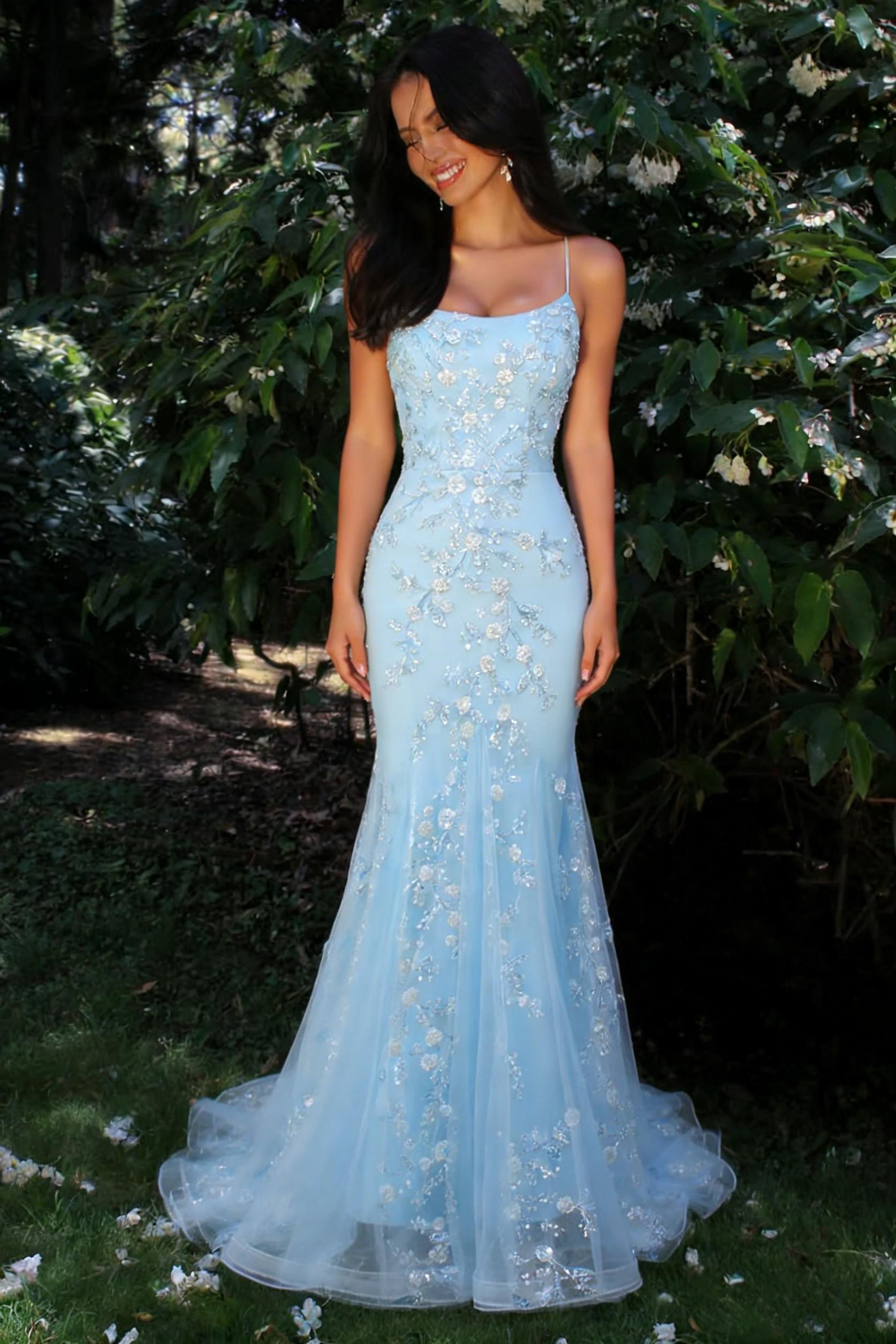 Gorgeous Mermaid Spaghetti Straps Light Blue Prom Dress with Criss Cross Back