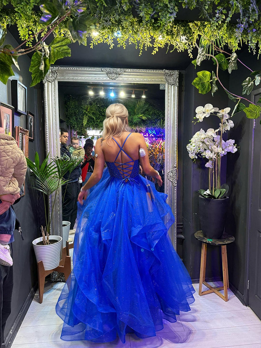 Glitter Royal BlueTiered Tulle Corset Long Prom Dress