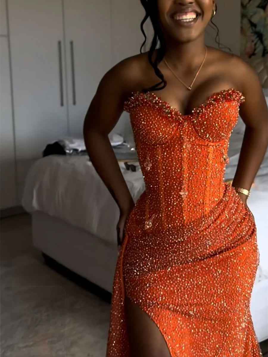 Glitter Strapless Mermaid Sequined Long Prom Dress with Slit (ZD17399)