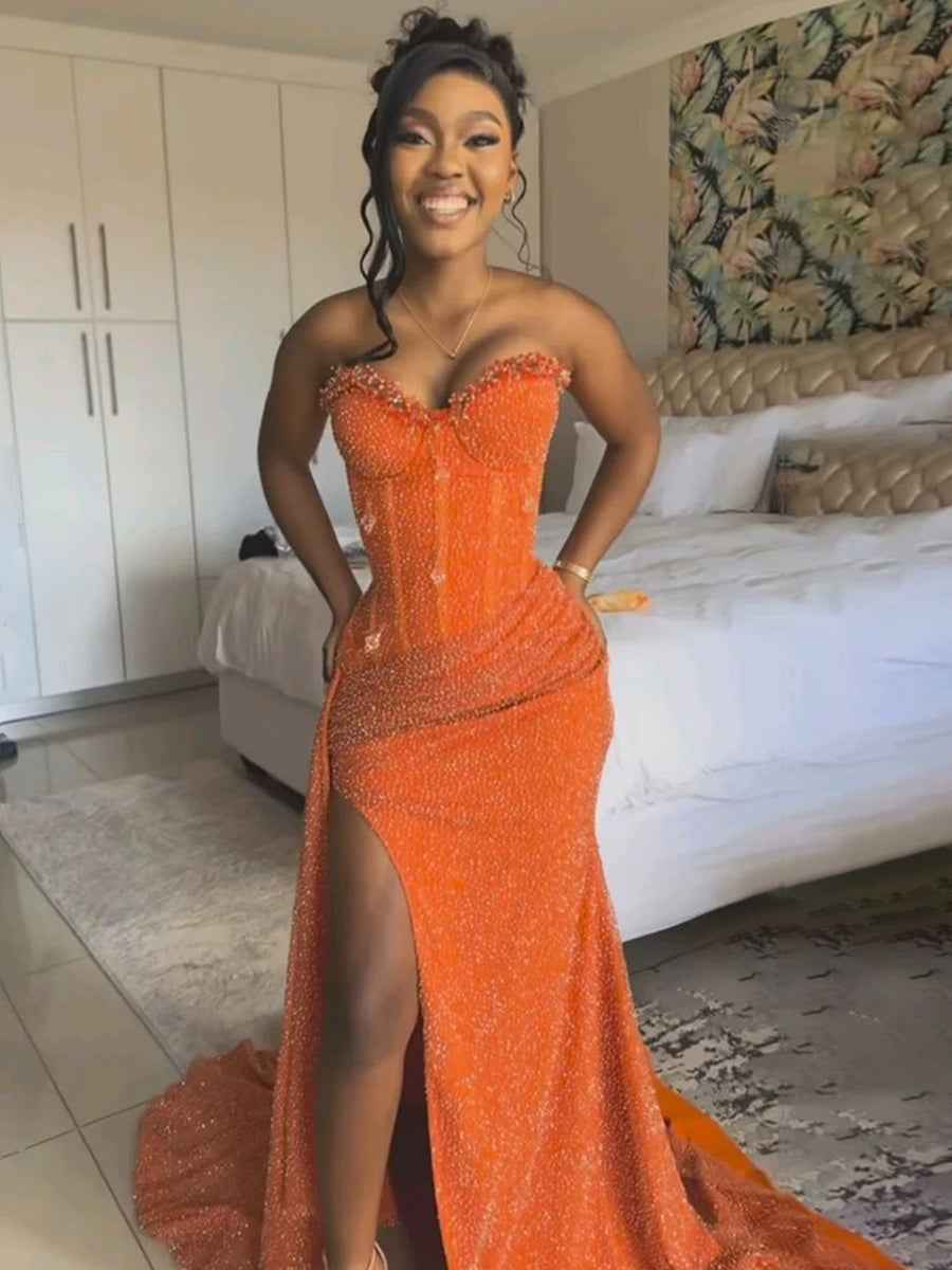 Glitter Strapless Mermaid Sequined Long Prom Dress with Slit (ZD17399)