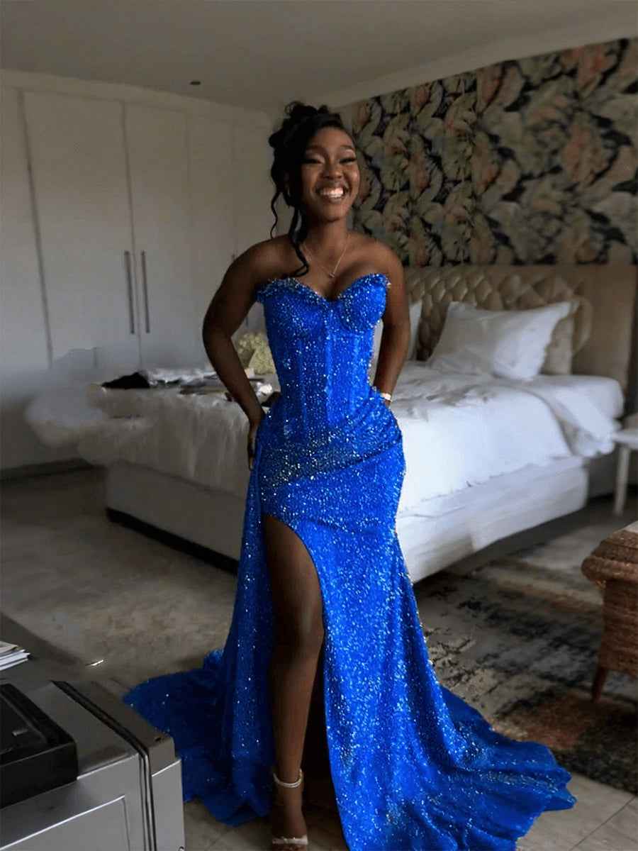 Glitter Strapless Mermaid Sequined Long Prom Dress with Slit (ZD17399)