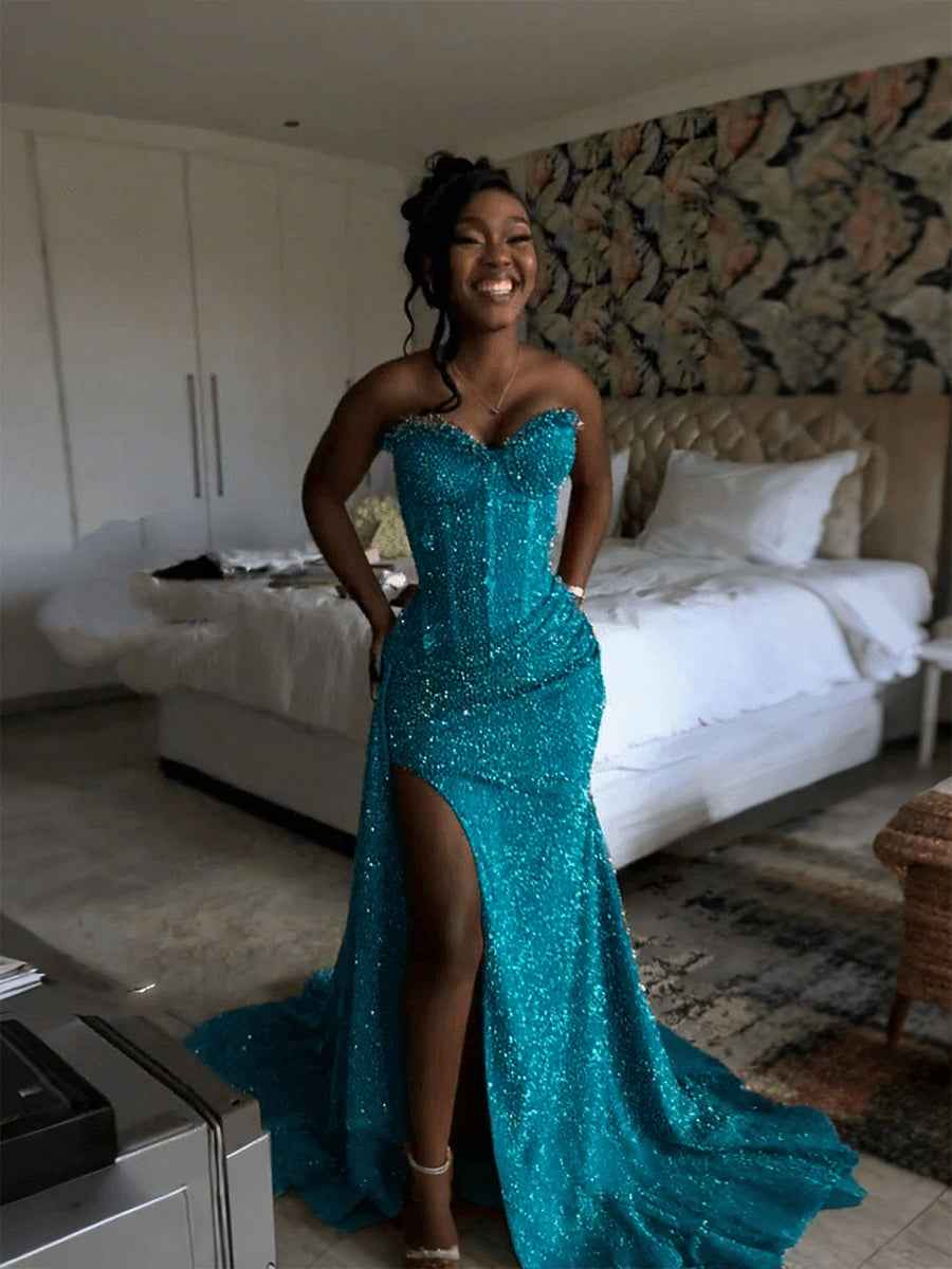 Glitter Strapless Mermaid Sequined Long Prom Dress with Slit (ZD17399)
