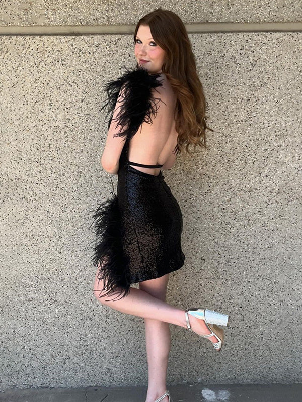 Glitter V-Neck Short Homecoming Dress With Feather - View 2 | FashionDia