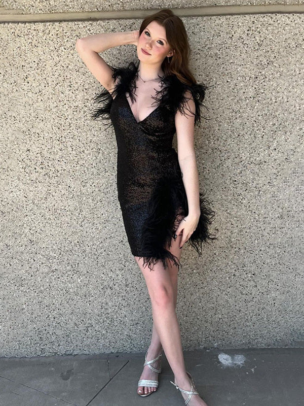 Glitter V-Neck Short Homecoming Dress With Feather - View 3 | FashionDia