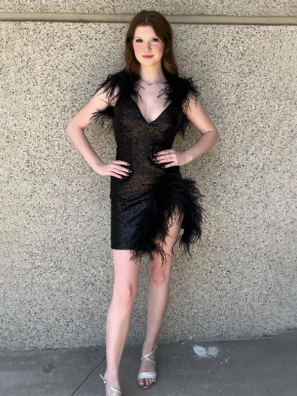 Glitter V-Neck Short Homecoming Dress With Feather - FashionDia