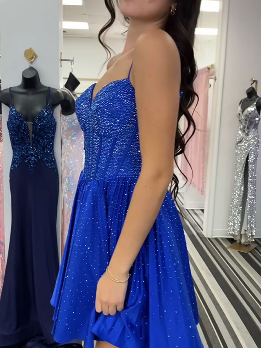 Glitter A-Line Spaghetti Straps Short Homecoming Dress with Beaded