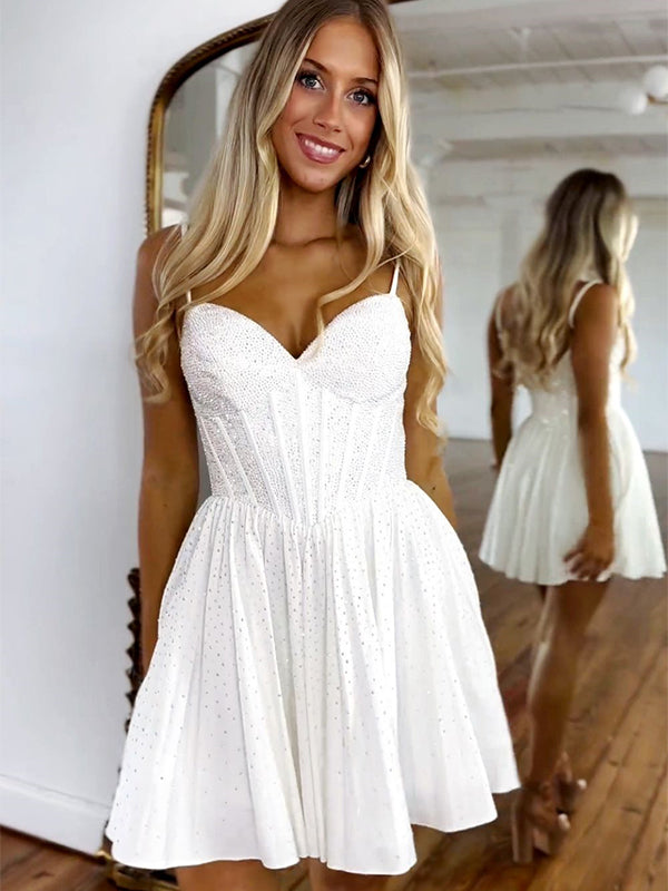 Glitter A-Line Spaghetti Straps Short Homecoming Dress with Beaded
