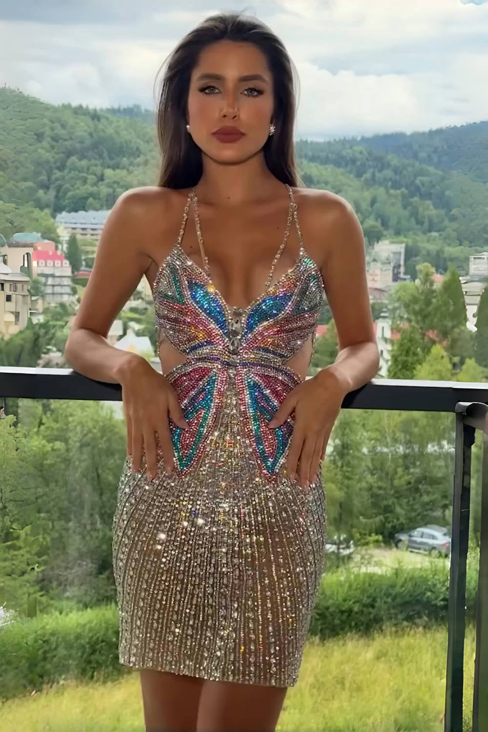 Glittering Butterfly Rhinestone Bodycon Homecoming Dress with Cutout Sides - FashionDia