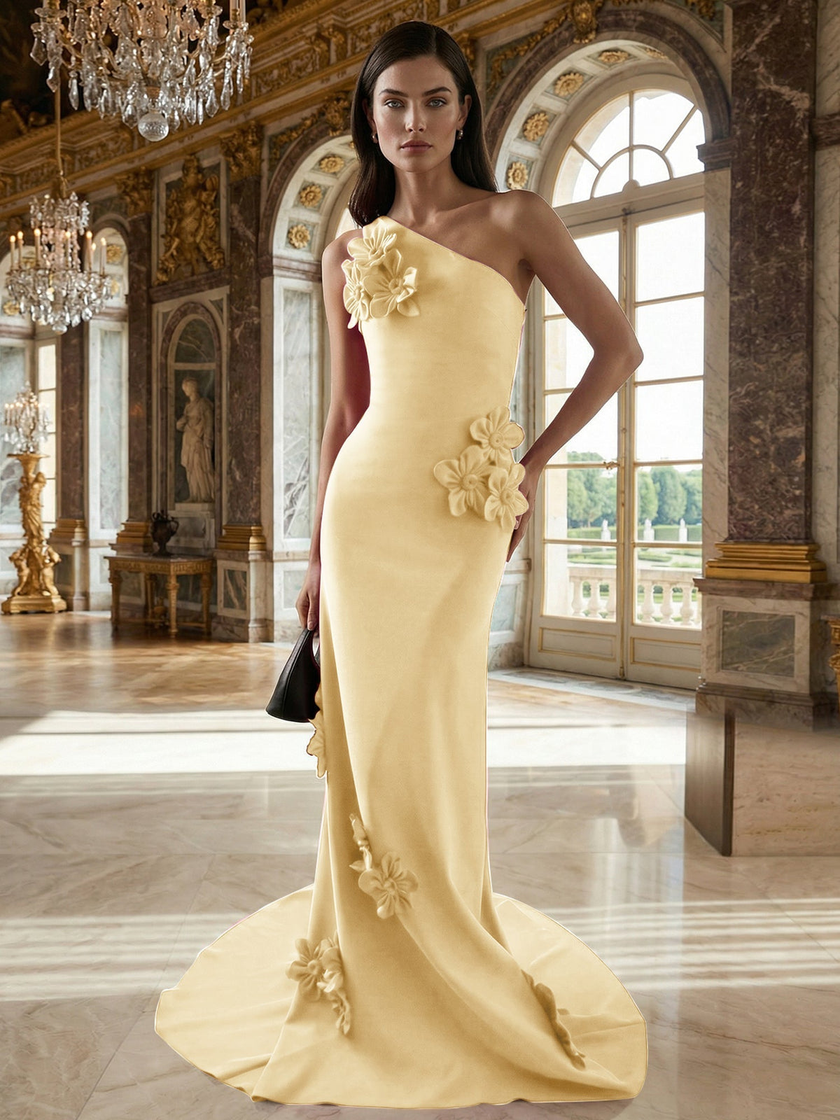 A-Line One-Shoulder Sleeveless Floor-Length Stretch Crepe Dress With 3D Flowers - View 10 | FashionDia