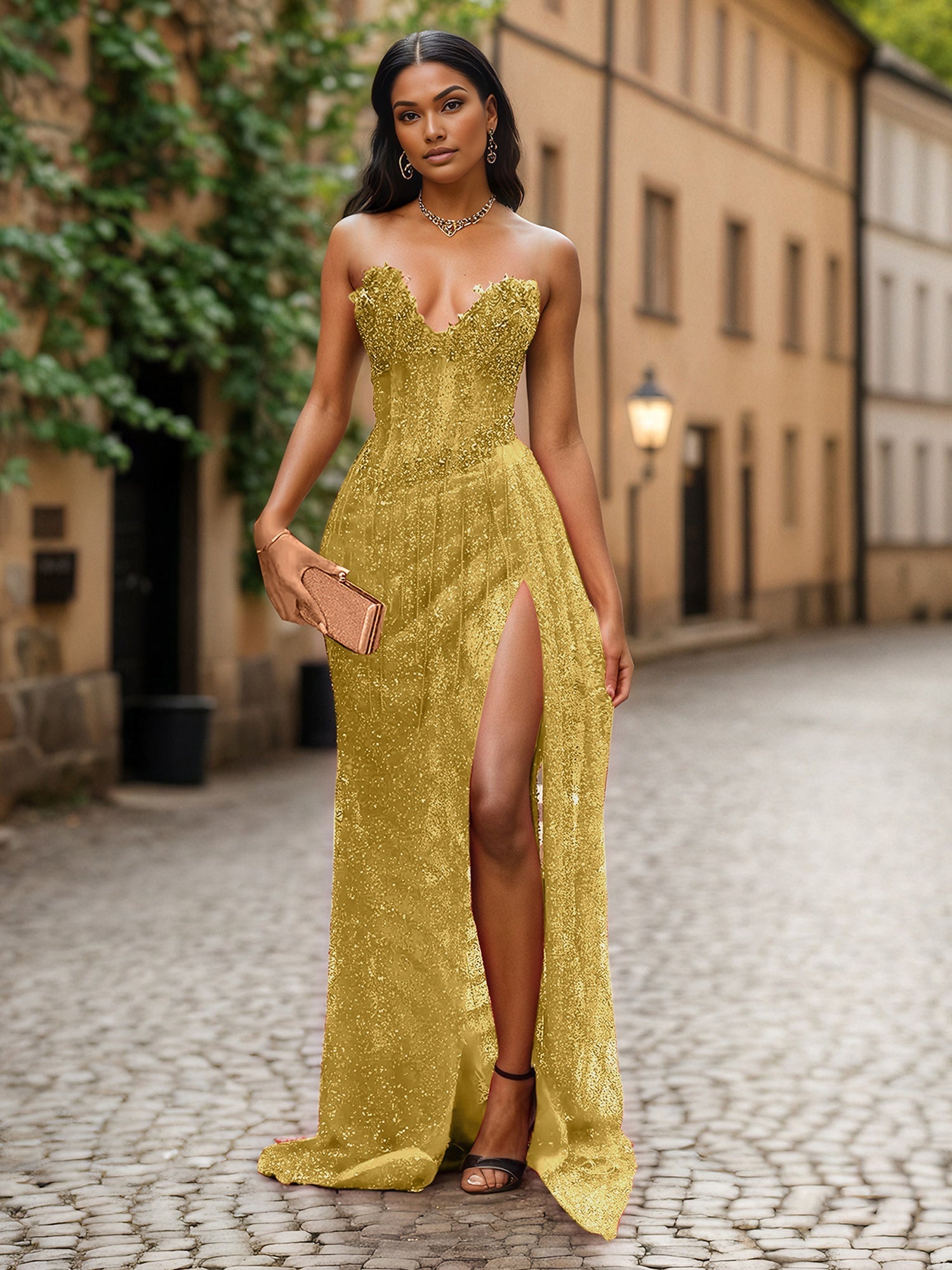 Red Strapless Beaded Fringe Waist Sequin Prom Dress with High Slit