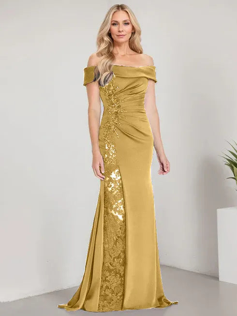 A-Line Off-the-Shoulder Floor-Length Mother of the Bride Dress Applique Beadings Mermaid Dress With High Split - View 14 | FashionDia