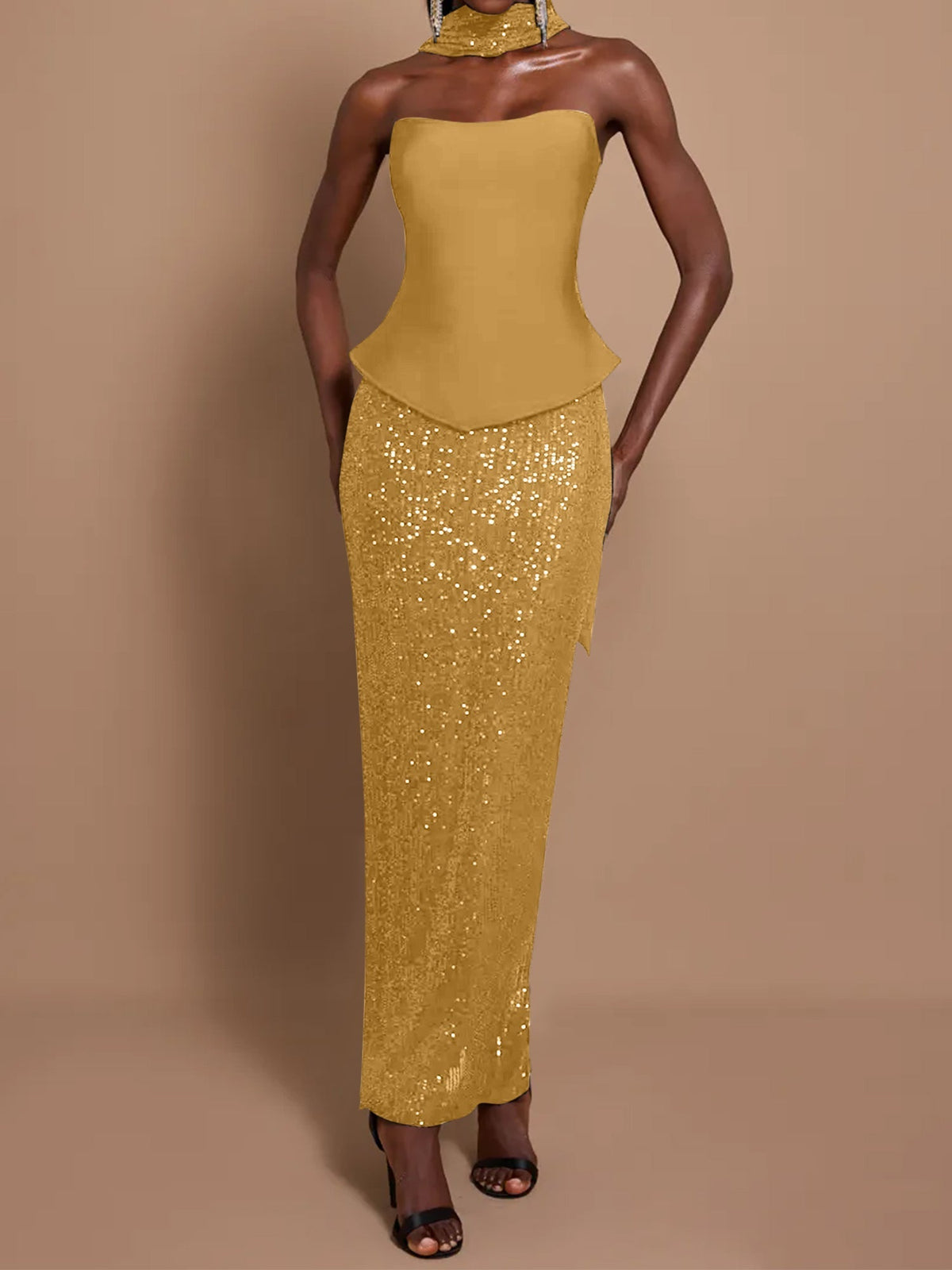 Off-Shoulder Bandage Top & Sequin Midi Skirt Set - View 12 | FashionDia
