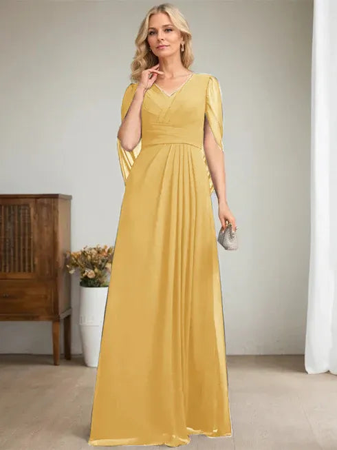 Dark Navy A-Line V-Neck Long Mother of Bride Dress