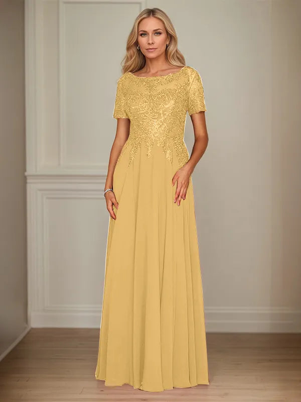 A-Line Chiffon Boat Neck Short Sleeves Floor-Length Mother of the Bride Dresses - View 14 | FashionDia