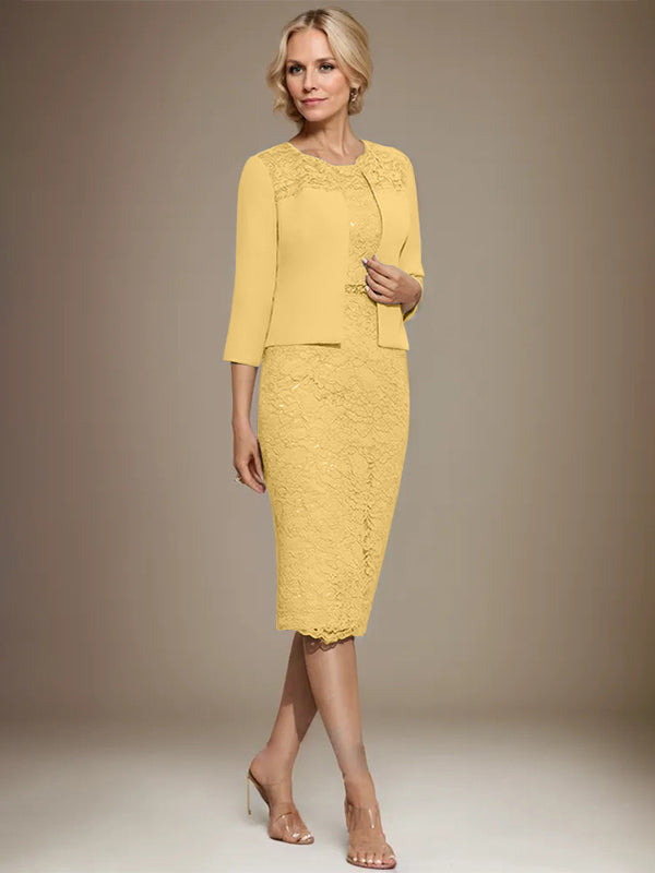 Sheath/Column Scoop Knee-Length Chiffon Lace Mother of the Bride Dress With Beading
