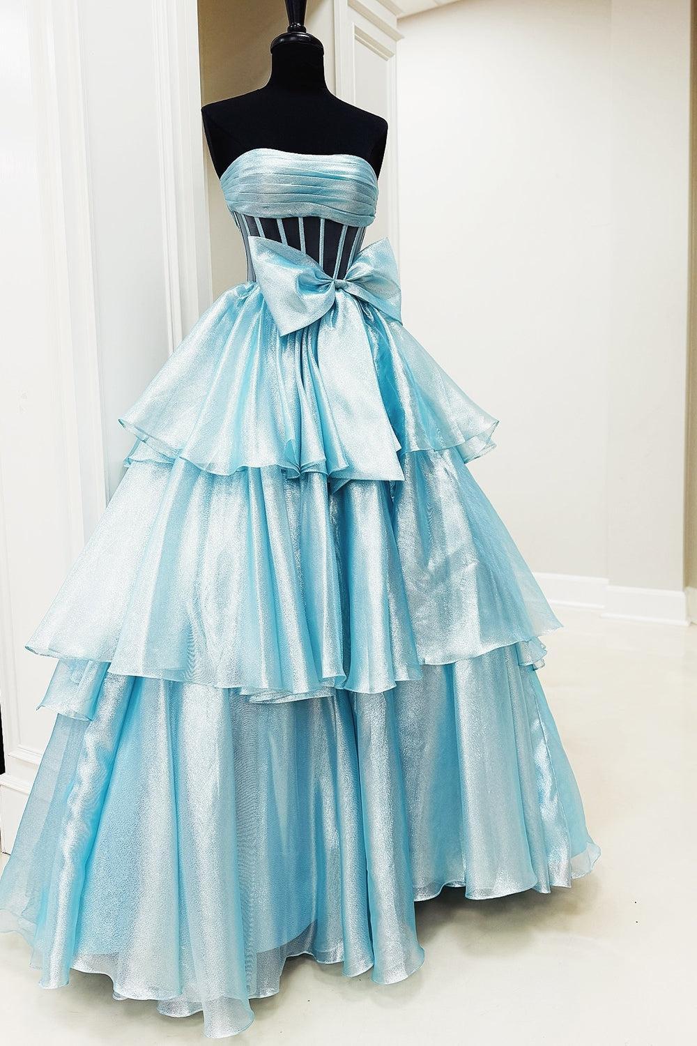 Gold Prom Dress Corset Ruffled Long Formal Dress With Bow