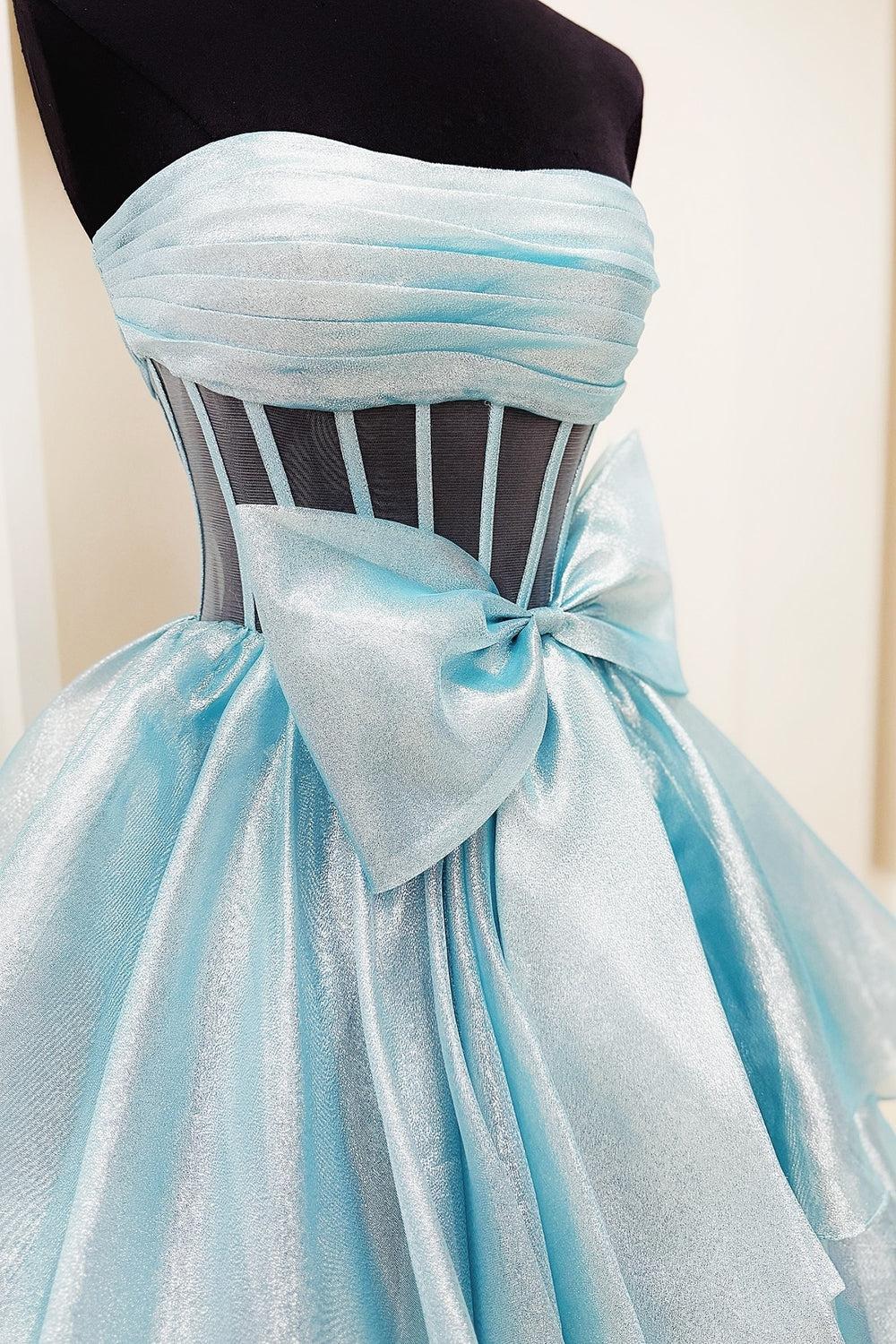 Gold Prom Dress Corset Ruffled Long Formal Dress With Bow