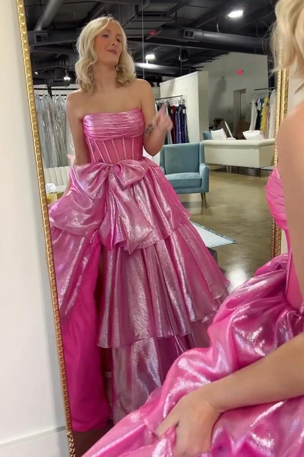Gold Prom Dress Corset Ruffled Long Formal Dress With Bow