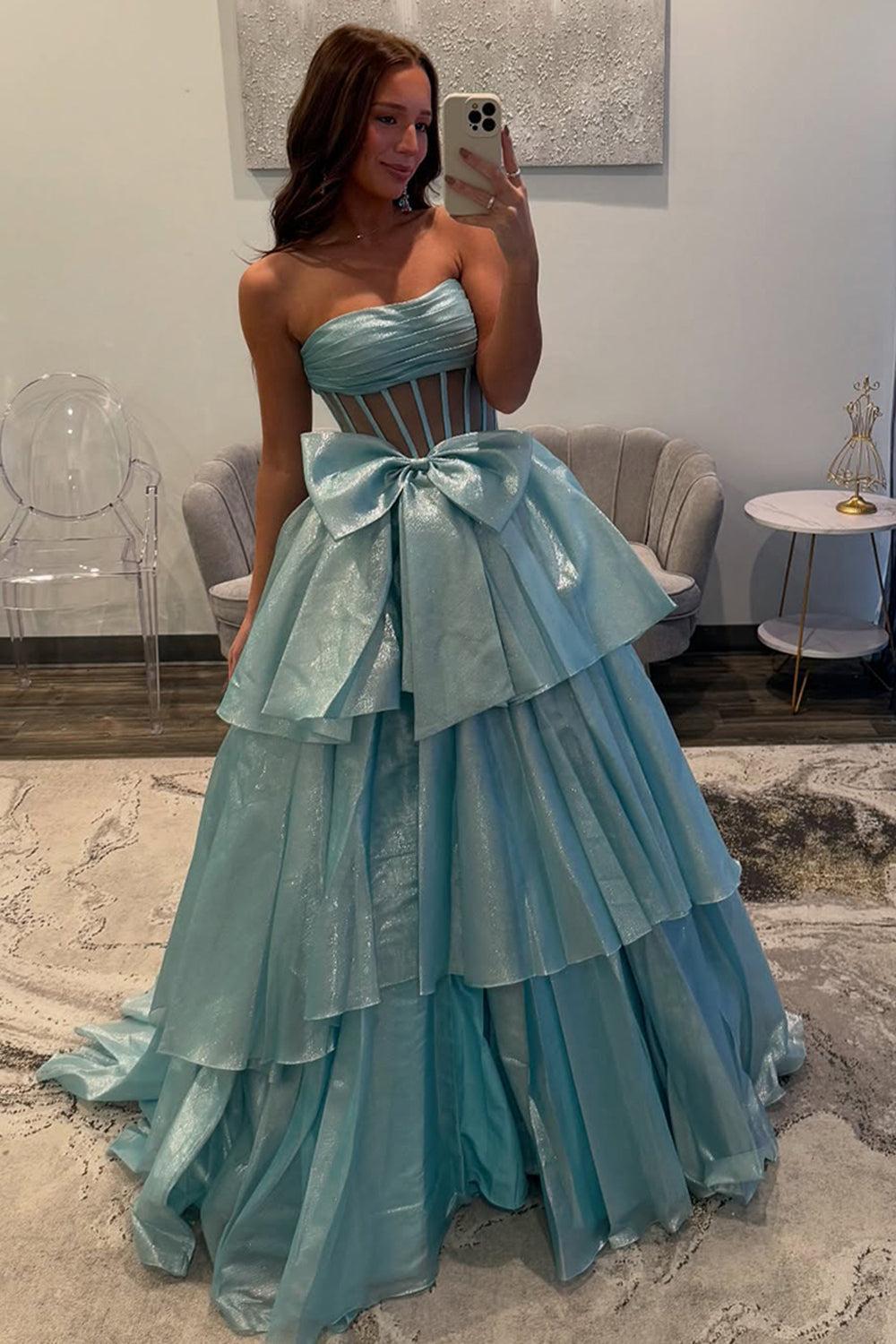 Gold Prom Dress Corset Ruffled Long Formal Dress With Bow